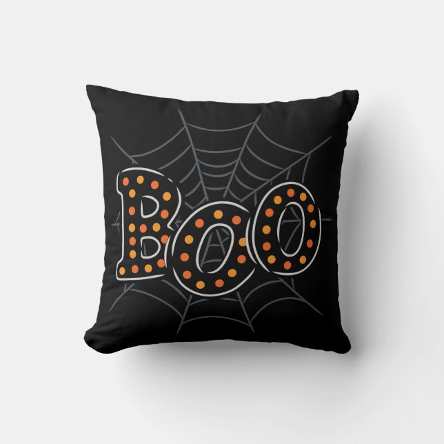 Boo Halloween Spider Web Black Throw Pillow (Front)
