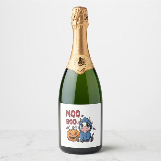 Boo Halloween Spooky Ghost Cow Sparkling Wine Label (Front)