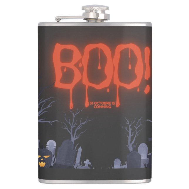 Boo Halloween Spooky Night Graveyard Pumpkin Flask (Front)
