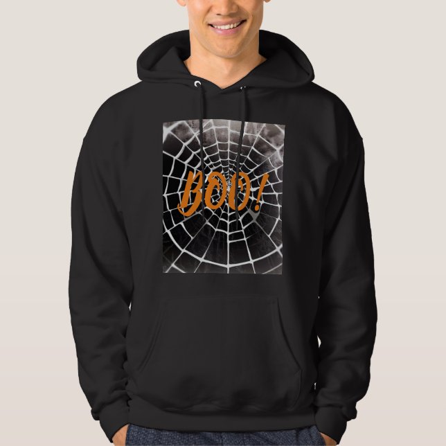 Boo! Halloween Spooky Spiderweb Pattern Monochrome Hoodie (Front)
