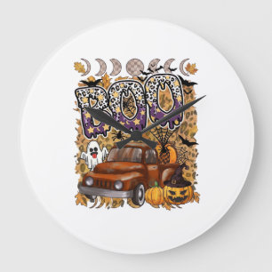 Boo Halloween Vintage Truck Ghost Pumpkins Leopard Large Clock