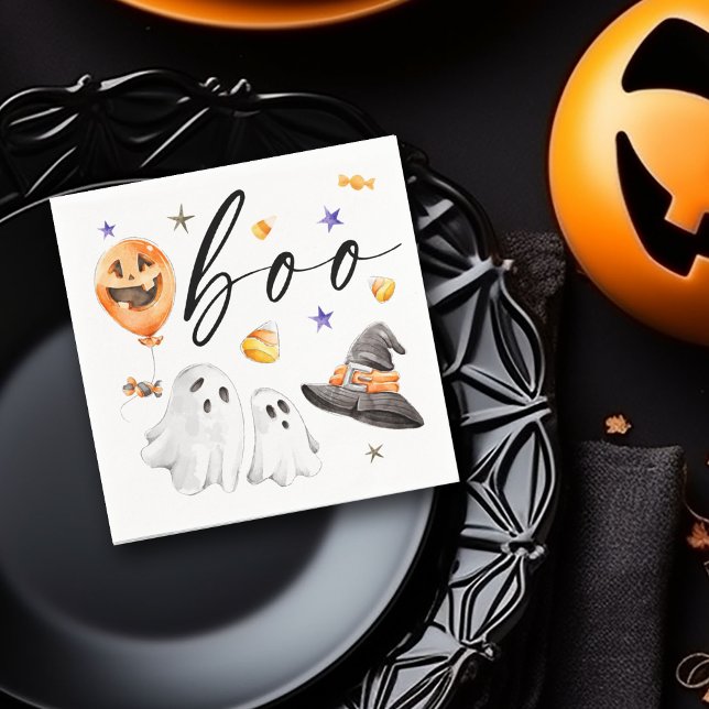Boo Halloween Watercolor Party  Napkins (Boo! Halloween watercolor ghosts, witch hat, pumpkin balloon and candy corn designed napkin,)