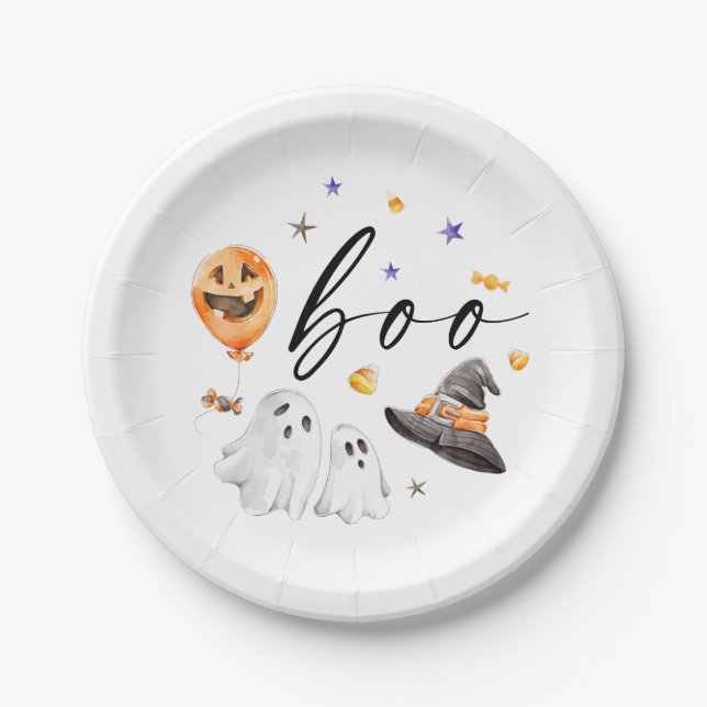 Boo Halloween Watercolor Party Paper Plates (Front)