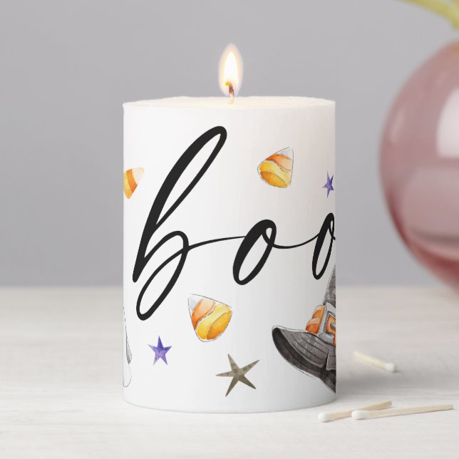 Boo Halloween Watercolor Pillar Candle (In Situ)