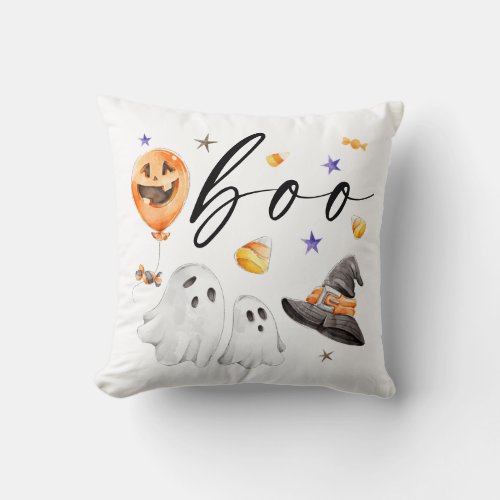 Boo Halloween Watercolor  Throw Pillow