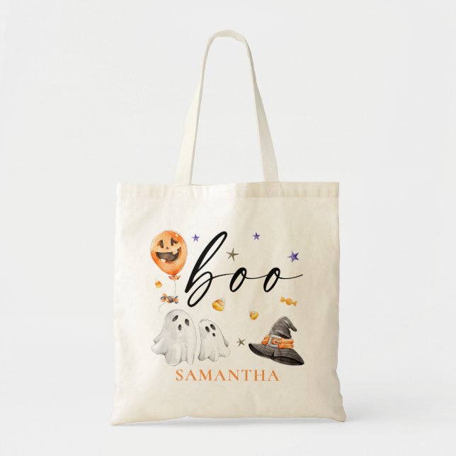 Boo Halloween Watercolor Trick or Treat Tote Bag (Front)