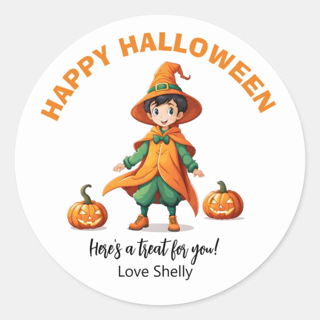 Boo! Happy Halloween friendly ghost & Cat Classic Round Sticker (Front)