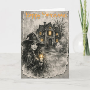 BOO! Haunted Witch & House Halloween Card