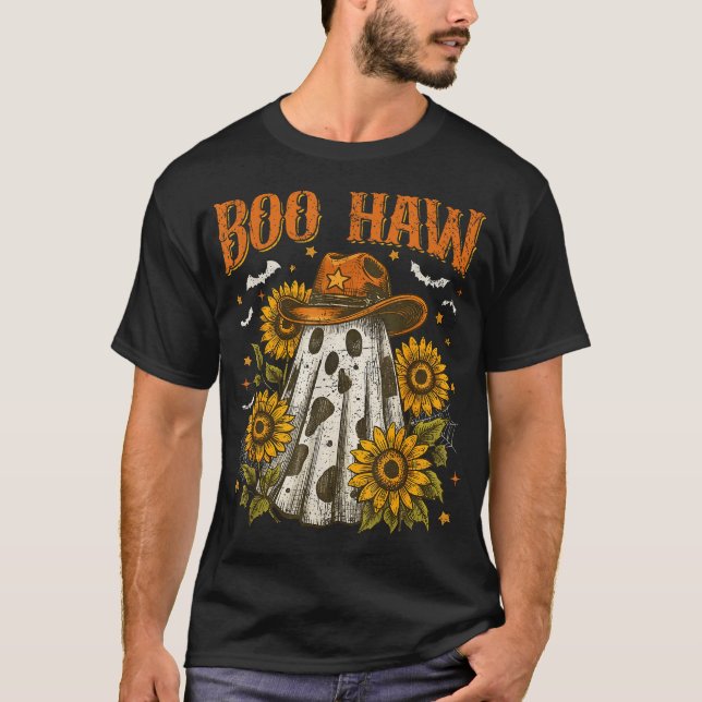  Boo Haw Cow Spot Ghost Pattern Western Halloween  T-Shirt (Front)