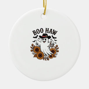 Boo Haw Cowboy Ghost Sunflowers Bats Halloween_1 Ceramic Ornament