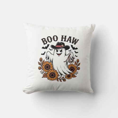 Boo Haw Cowboy Ghost Sunflowers Bats Halloween_1 Throw Pillow