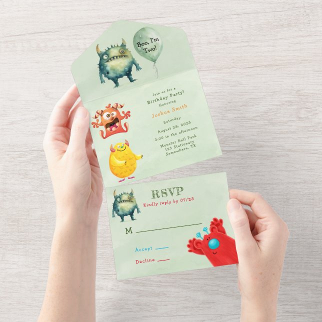 Boo, I’m Turning Two! Monster Boy Birthday Party All In One Invitation (Tearaway)