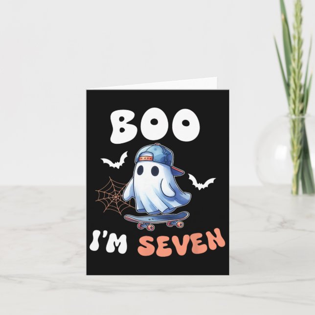 Boo I'm Seven Ghost Skateboard 7th Birthday Hallow Card (Front)