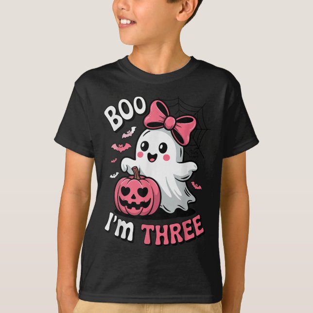 Boo Im Three Cute Ghost Halloween 3rd Birthday Tod T-Shirt (Front)