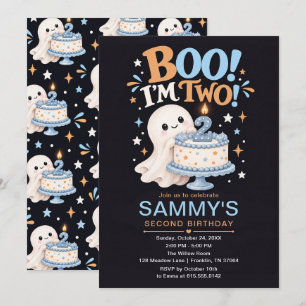 Boo I'm Two Blue Ghost Halloween 2nd Birthday Invitation