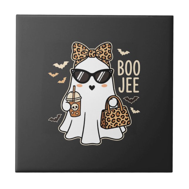 Boo Jee Cute Ghost Halloween Leopard Design_1 Ceramic Tile (Front)