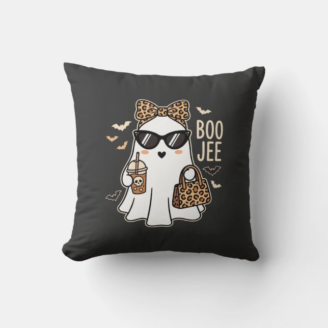 Boo Jee Cute Ghost Halloween Leopard Design_1 Throw Pillow (Front)