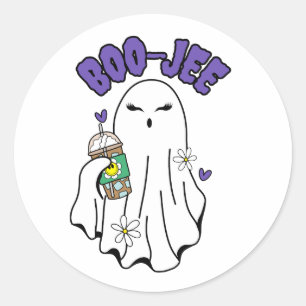 Boo-Jee Cute halloween Ghost with Iced Coffee Classic Round Sticker