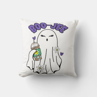 Boo-Jee Cute halloween Ghost with Iced Coffee Throw Pillow