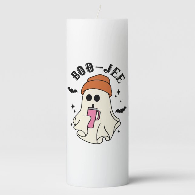 Boo-Jee  funny Halloween Tumbler-Inspired Ghost Pillar Candle (Front)