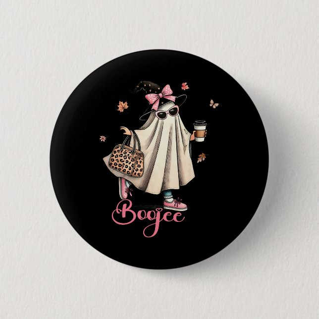 Boo Jee Ghost Drinking Coffee Coquette Bow Hallowe Button (Front)
