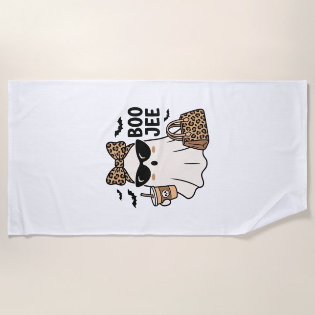 Boo Jee Ghost Halloween Leopard Bow Vector Design_ Beach Towel (Front)
