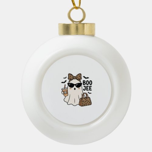 Boo Jee Ghost Halloween Leopard Bow Vector Design_ Ceramic Ball Christmas Ornament