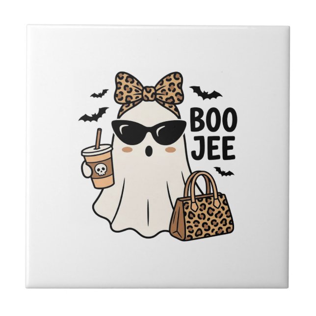 Boo Jee Ghost Halloween Leopard Bow Vector Design_ Ceramic Tile (Front)