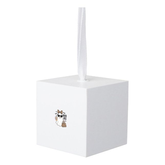 Boo Jee Ghost Halloween Leopard Bow Vector Design_ Cube Ornament (Back Angled)