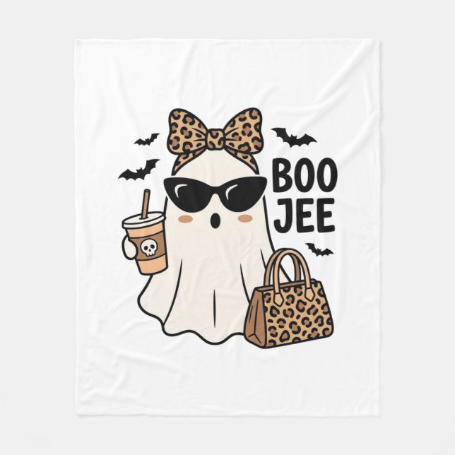 Boo Jee Ghost Halloween Leopard Bow Vector Design_ Fleece Blanket (Front)