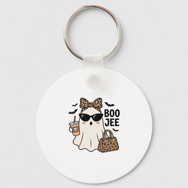 Boo Jee Ghost Halloween Leopard Bow Vector Design_ Keychain (Front)