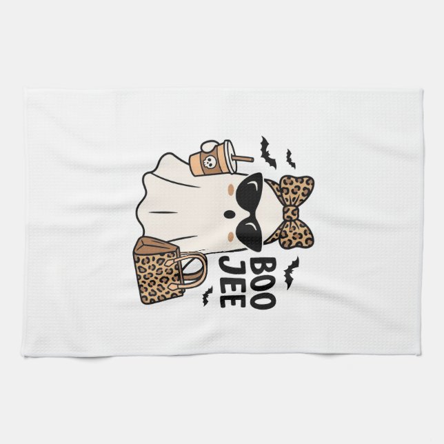 Boo Jee Ghost Halloween Leopard Bow Vector Design_ Kitchen Towel (Horizontal)