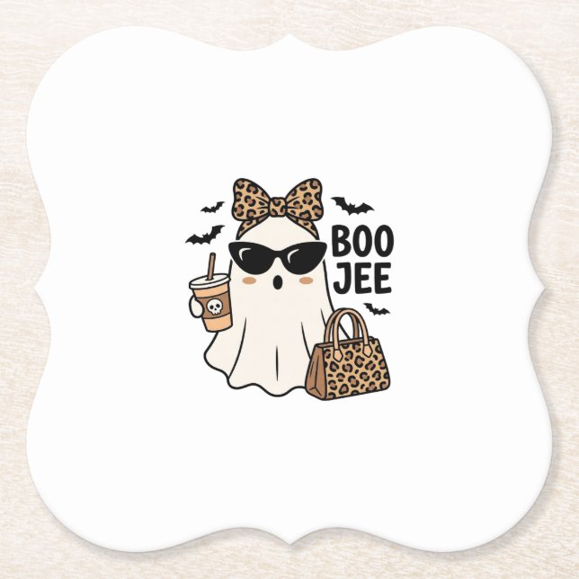 Boo Jee Ghost Halloween Leopard Bow Vector Design_ Paper Coaster (Front)