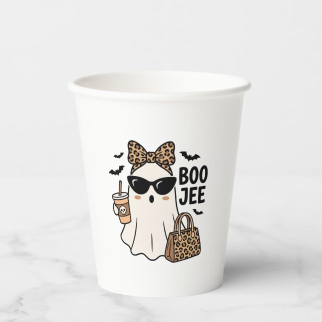 Boo Jee Ghost Halloween Leopard Bow Vector Design_ Paper Cups (Front)