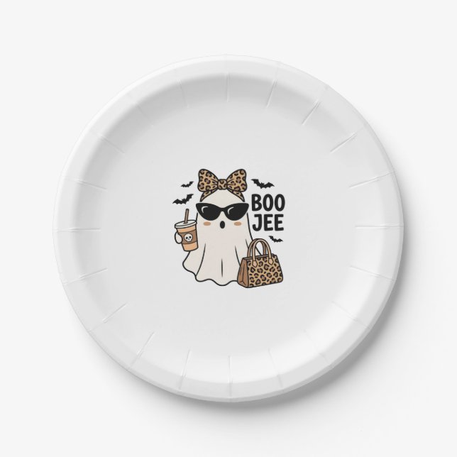 Boo Jee Ghost Halloween Leopard Bow Vector Design_ Paper Plates (Front)