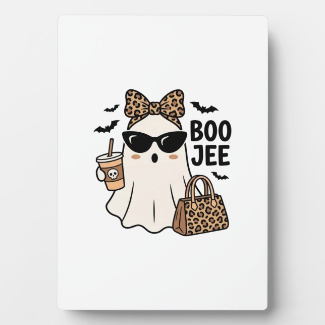 Boo Jee Ghost Halloween Leopard Bow Vector Design_ Plaque (Front)