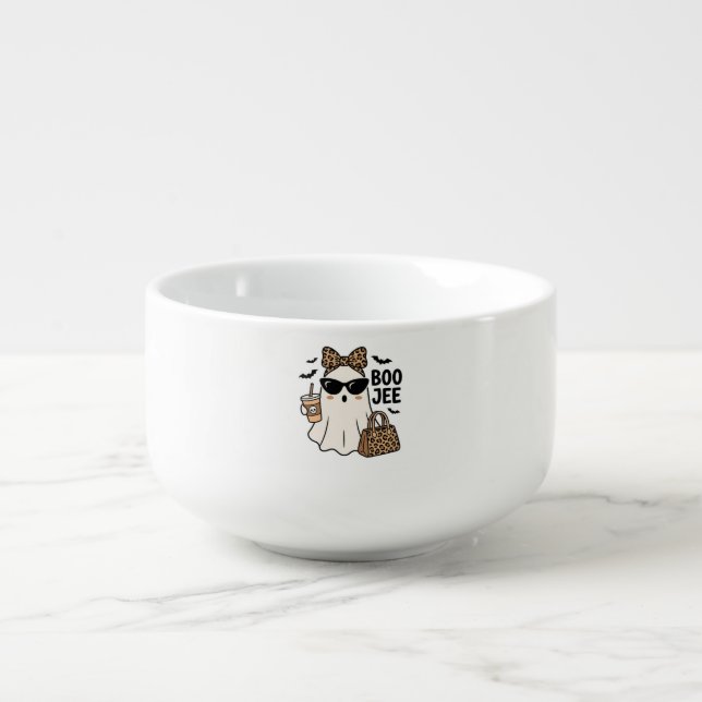 Boo Jee Ghost Halloween Leopard Bow Vector Design_ Soup Mug (Front)