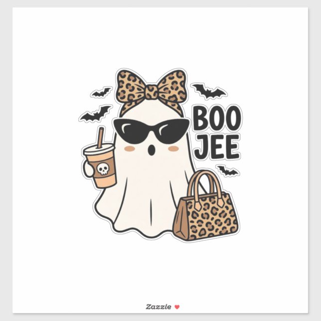 Boo Jee Ghost Halloween Leopard Bow Vector Design_ Sticker (Sheet)
