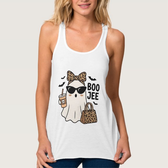 Boo Jee Ghost Halloween Leopard Bow Vector Design_ Tank Top (Front)
