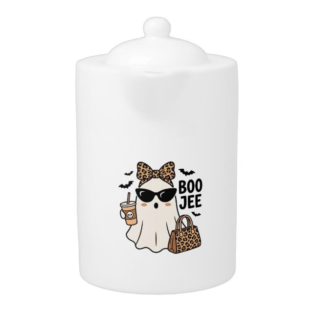 Boo Jee Ghost Halloween Leopard Bow Vector Design_ Teapot (Front)