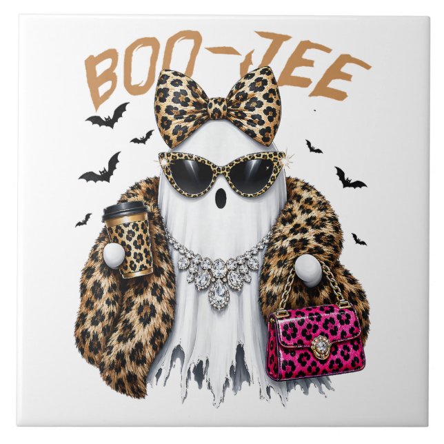 Boo-JEE Ghost Leopard Coquette Halloween Ceramic Tile (Front)