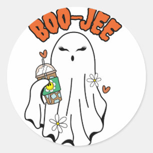 Boo-Jee Halloween Ghost with Iced Coffee in hand Classic Round Sticker