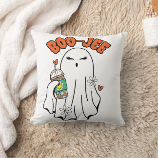 Boo-Jee Halloween Ghost with Iced Coffee in hand  Throw Pillow