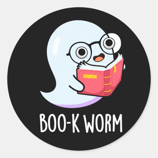 Boo-k Worm Funny Bookworm Ghost Pun Dark BG Classic Round Sticker (Front)