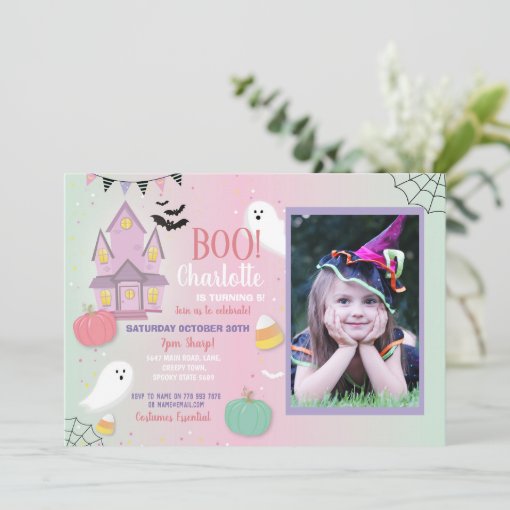 Boo Kids Birthday Halloween Pink Mint Fun Party Invitation | Zazzle