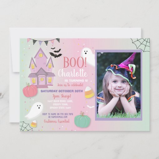 Boo Kids Birthday Halloween Pink Mint Fun Party Invitation | Zazzle