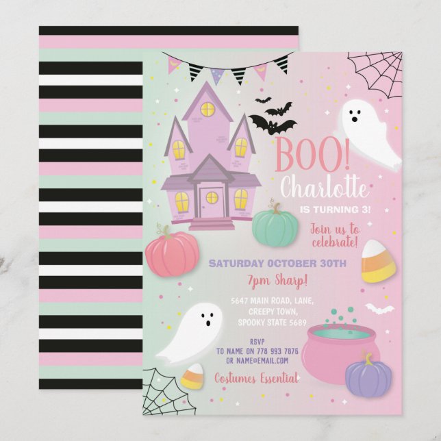 Boo Kids Halloween Pink Mint Fun Party Ghosts Invitation (Front/Back)