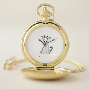 Boo Kitty Cute Ghost Cat Halloween Spooky Kitten T Pocket Watch
