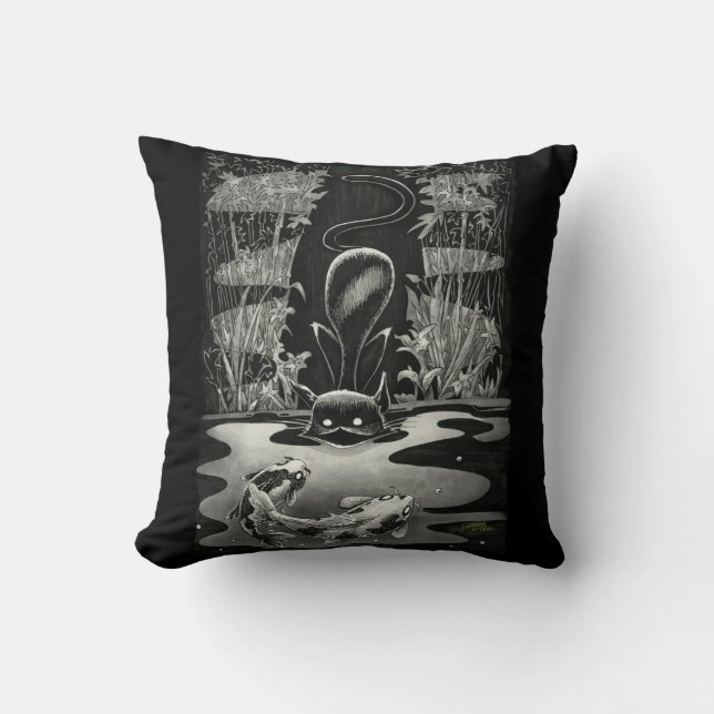 Boo Kitty Goes Fishing Throw Pillow (Front)