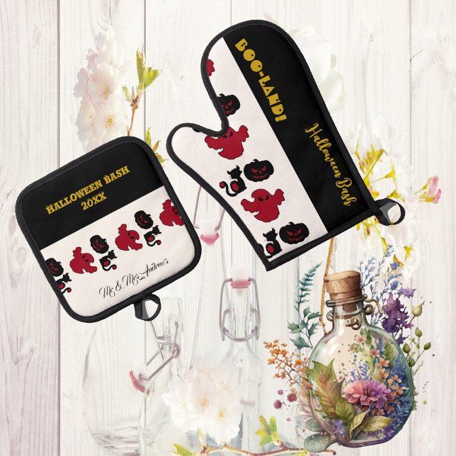 BOO Land Ghosts Script Halloween Bash Black Cats  Oven Mitt & Pot Holder Set (BOO Land Ghosts Script Halloween Bash Black Cats Oven Mitt & Pot Holder Set)